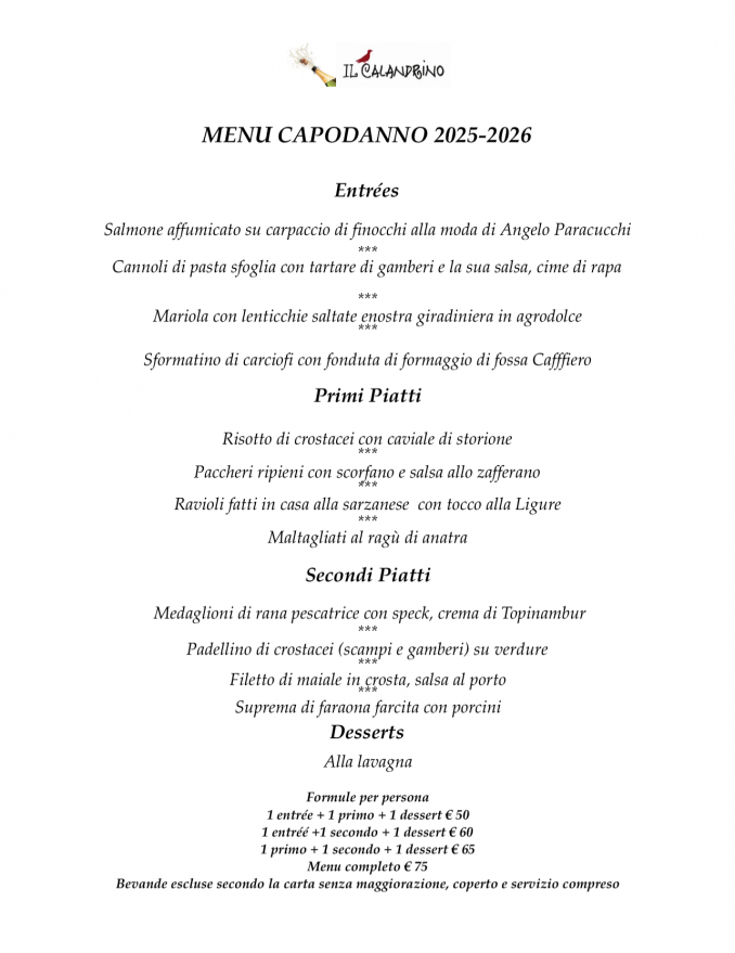 MENU DI CAPODANNO - RISTORANTE IL CALANDRINO